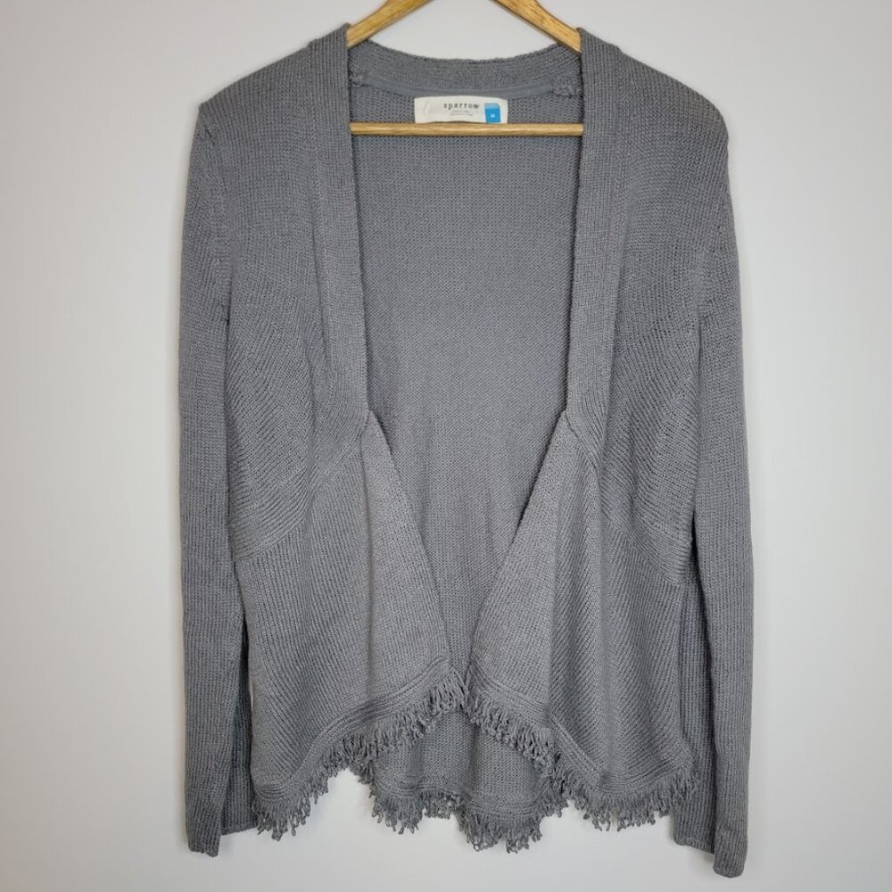 Anthropologie Sparrow Womens Grand Drape Fringe Cardigan Sweater Sz M Gray Knit